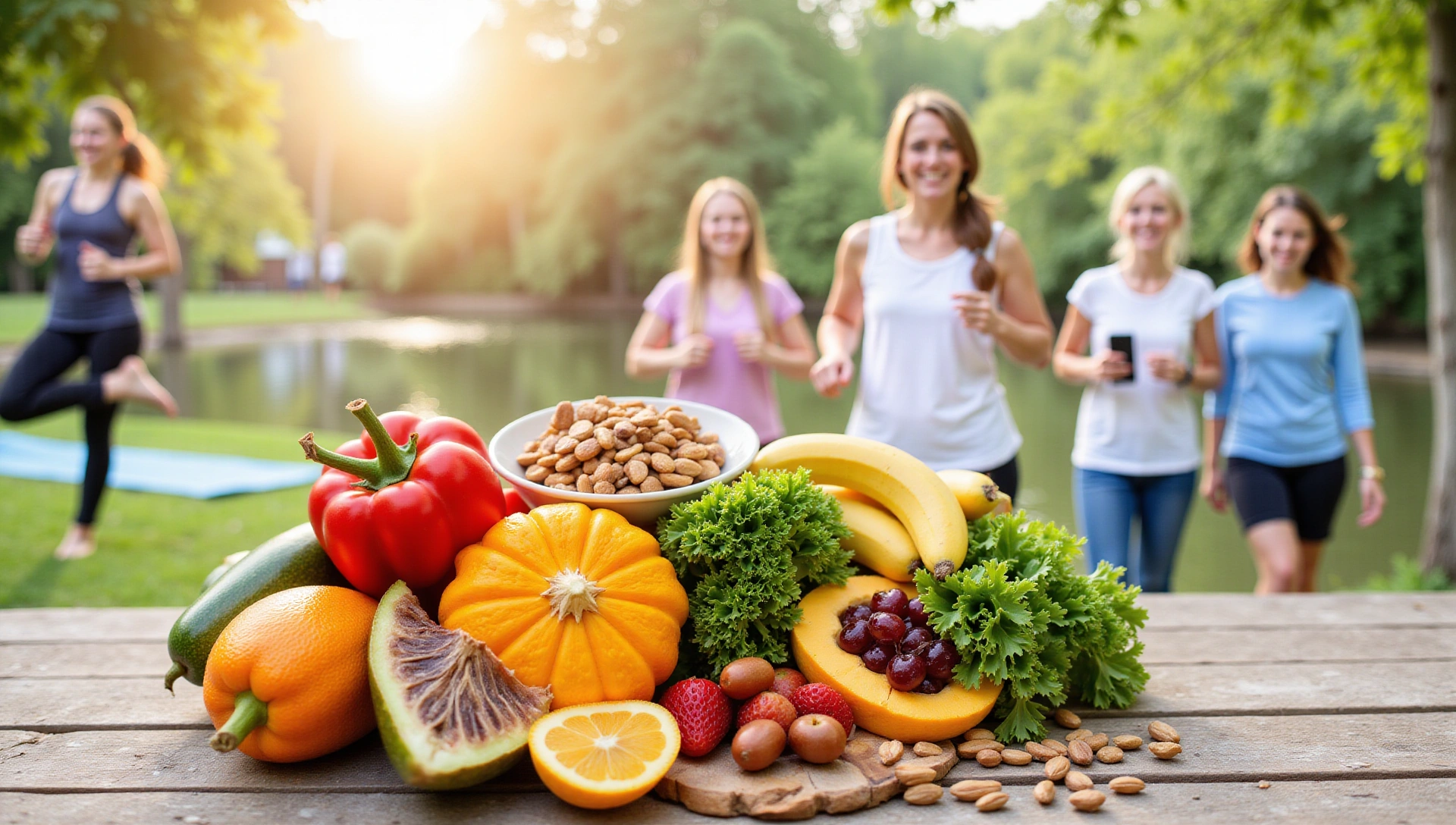 Disposizione vibrante di cibi sani (frutta, verdura) e persone felici che praticano attività salutari.