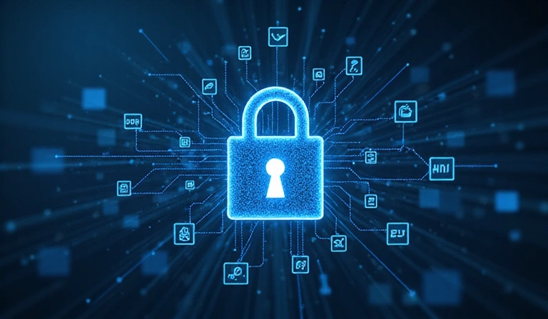 Immagine illustrativa della protezione dei dati personali, con un lucchetto digitale e icone di dati.